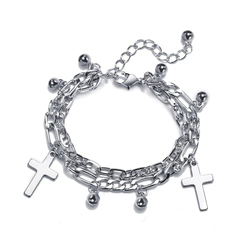 MAGIIE Doppelter Armreif Mehrschichtige Armband,Armreifen Armband Edelstahl mit Anhänger Herz Bär Kreuzigung Jesus,Schmuck Armband für Herren Damen (Silber Kreuz) von MAGIIE