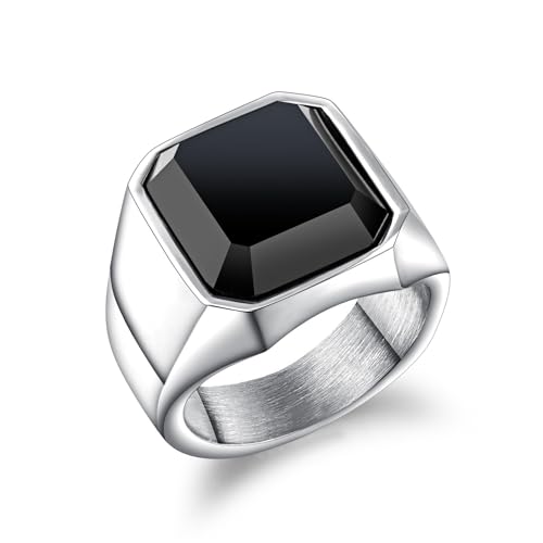 MAGIIE Schmuck Edelstahl Ring Siegelring Bandring für Herren Männer,Schwarzer Achat Ring Herren,Ring Modeschmuck Kupfernickel Geometrischer Ring (Silber, 60) von MAGIIE