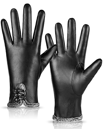 Damen-Lederhandschuhe, modisch, niedlich, Handschuhe für Damen, PU-Wolle, Fleece-Futter, Winterhandschuhe für Damen, Touchscreen-Fahren, schwarz, Medium von MAGILINK