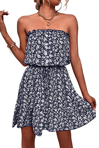 MAGIMODAC Bandeau Kleid Sommerkleid Damen Kurz Blumenkleid Tunikakleid Ärmelloses Rückenfrei Boho Kleider Flowy Minikleid Strandkleid Freizeitkleid Dunkelblau, M von MAGIMODAC