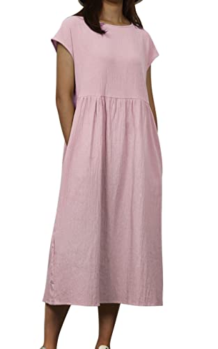 MAGIMODAC Damen Tunika Kleid Kurzarm Sommer Shirtkleid Knielang Leinenkleid GR.36-50 Baumwolle T Shirt Kleider Freizeitkleid Sommerkleid mit Taschen (Etikett L/EU 40, rosa) von MAGIMODAC