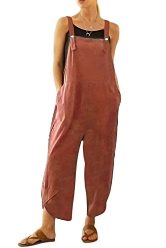 MAGIMODAC Damen Baggy Latzhose Baumwolle Jumpsuit Overall Dungarees Hosenanzug Hosen Lang mit Taschen 34 36 38 40 42 44 46 48 50 (Rot, 36-38) von MAGIMODAC