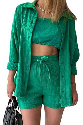 MAGIMODAC Damen Baumwolle Bluse Hemd Langarm Shirt Hemdshirt Urlaub Freizeit Oberteile Strand Hemdbluse Sommer Shorts Set Zweiteiler Grün M von MAGIMODAC