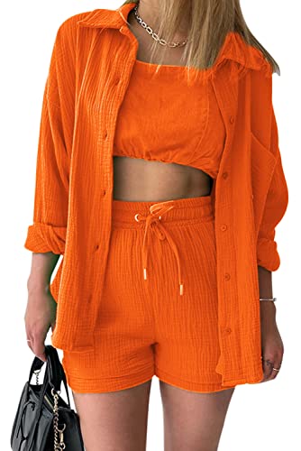 MAGIMODAC Damen Baumwolle Bluse Hemd Langarm Shirt Hemdshirt Urlaub Freizeit Oberteile Strand Hemdbluse Sommer Shorts Set Zweiteiler Orange 2XL von MAGIMODAC