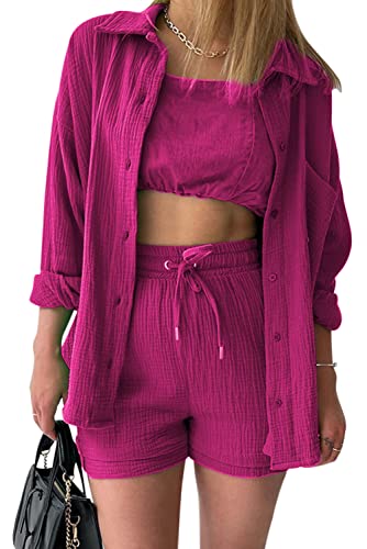 MAGIMODAC Damen Baumwolle Bluse Hemd Langarm Shirt Hemdshirt Urlaub Freizeit Oberteile Strand Hemdbluse Sommer Shorts Set Zweiteiler Rosarot 2XL von MAGIMODAC