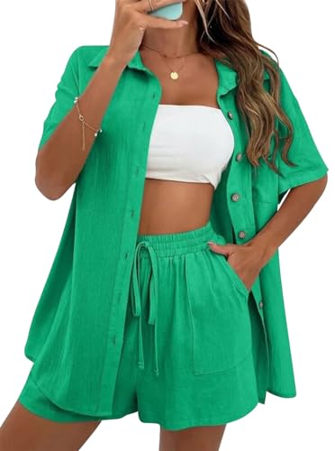 MAGIMODAC Damen Baumwolle Bluse Kurzarm Hemd Shirt Hemdshirt Urlaub Freizeit Oberteile mit Knöpfen Hemdbluse Sommer Shorts Kurze Hose Zweiteiler Set Grün M von MAGIMODAC