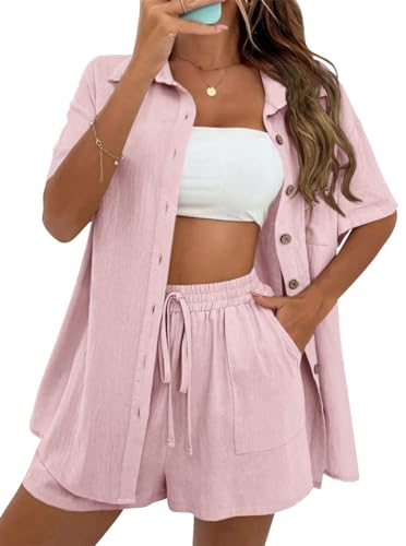 MAGIMODAC Damen Baumwolle Bluse Kurzarm Hemd Shirt Hemdshirt Urlaub Freizeit Oberteile mit Knöpfen Hemdbluse Sommer Shorts Kurze Hose Zweiteiler Set Hellrosa M von MAGIMODAC