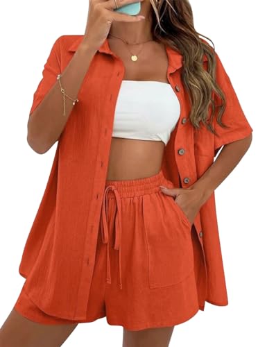 MAGIMODAC Damen Baumwolle Bluse Kurzarm Hemd Shirt Hemdshirt Urlaub Freizeit Oberteile mit Knöpfen Hemdbluse Sommer Shorts Kurze Hose Zweiteiler Set Orange S von MAGIMODAC