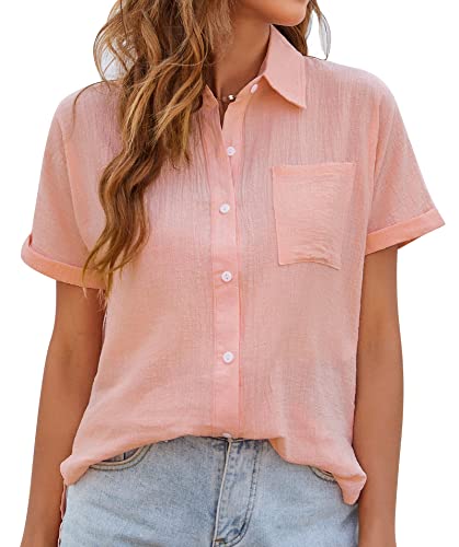 MAGIMODAC Damen Hemdbluse Kurzarm Baumwolle Hemd Bluse Sommer Freizeit Shirt Frauen Lässige Oberteile mit Knöpfen Rosa XL von MAGIMODAC