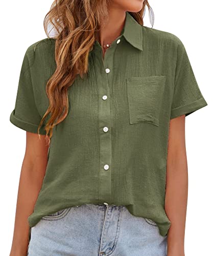 MAGIMODAC Damen Hemdbluse Kurzarm Baumwolle Hemd Bluse Sommer Freizeit Shirt Frauen Lässige Oberteile mit Knöpfen Grün M von MAGIMODAC