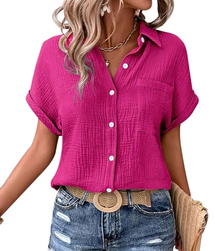 MAGIMODAC Damen Hemdbluse Kurzarm Baumwolle Shirt Hemd Bluse Sommer Freizeit Tshirt Casual Lässige Oberteile mit Knöpfen Rosarot XL von MAGIMODAC