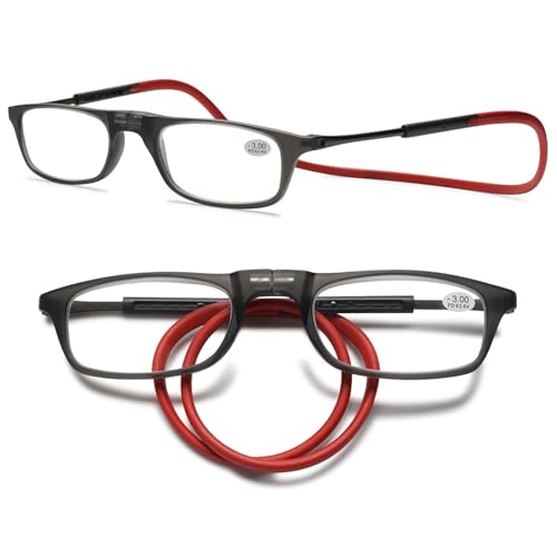 MAGIMODAC Damen Herren Lesebrille Faltbar Magnetverschluss Lesehilfe Sehhilfe Magnetische Lesebrillen mit flexiblem Halteband Grau Rot 2.00 von MAGIMODAC