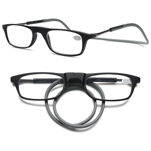 MAGIMODAC Damen Herren Lesebrille Faltbar Magnetverschluss Lesehilfe Sehhilfe Magnetische Lesebrillen mit flexiblem Halteband Schwarz Grau 1.50 von MAGIMODAC