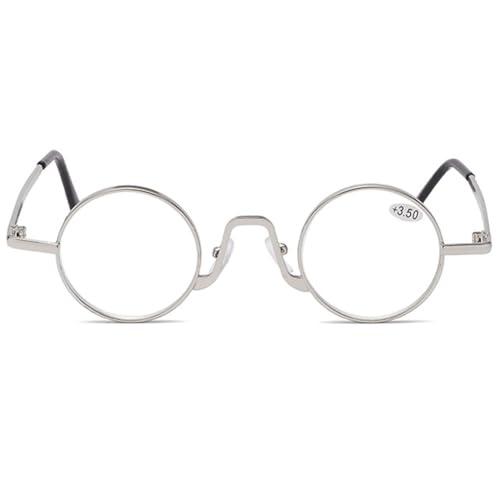MAGIMODAC Damen Herren Lesebrille Rund Klein Mini Blaulichtfilter Lesebrillen Metall Anti Blaues Licht Lesehilfe Sehhilfe mit Sehnstärke Silber 3.5 von MAGIMODAC