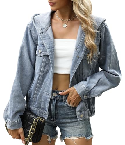 MAGIMODAC Damen Kapuze Jeansjacke kurze Denim Hemdjacke Jeans Jacken Vintage Shacket Casual Boyfriend kapuzenjacke Regular Fit Hooded Jacke mit Knöpfen und Taschen Hellblau XL von MAGIMODAC