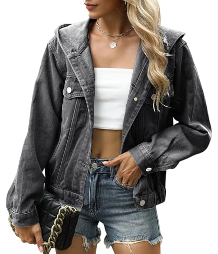 MAGIMODAC Damen Kapuze Jeansjacke kurze Denim Hemdjacke Jeans Jacken Vintage Shacket Casual Boyfriend kapuzenjacke Regular Fit Hooded Jacke mit Knöpfen und Taschen Schwarz M von MAGIMODAC