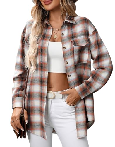 MAGIMODAC Damen Kariertes Hemd Langarm Karohemd Casual Karo Hemdbluse Leichte Karierte Langarmshirt Regular Fit Shirts Karobluse Vintage Tunika Tops mit Knöpfen Taschen Orange L von MAGIMODAC