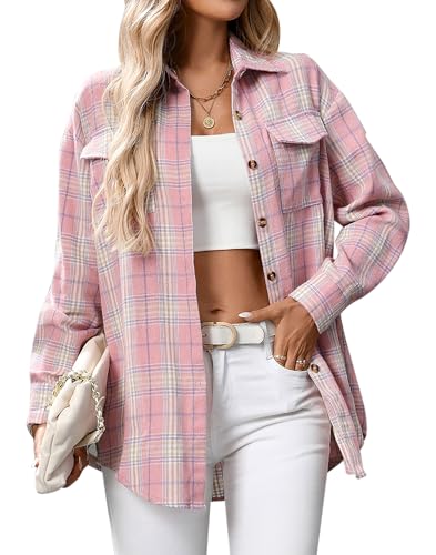 MAGIMODAC Damen Kariertes Hemd Langarm Karohemd Casual Karo Hemdbluse Leichte Karierte Langarmshirt Regular Fit Shirts Karobluse Vintage Tunika Tops mit Knöpfen Taschen Rosa S von MAGIMODAC