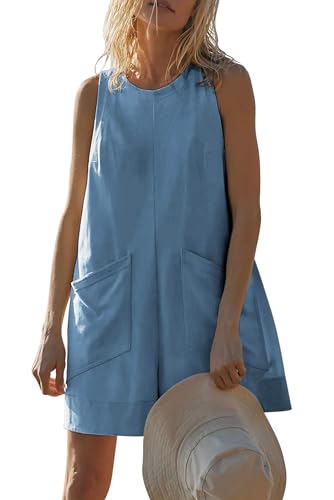 MAGIMODAC Damen Kurze Latzhose Sommer Einteiler Shorts Ärmellos Jumpsuit Overall Lässig Casual Baumwolle Playsuit Romper mit Taschen Blau S von MAGIMODAC