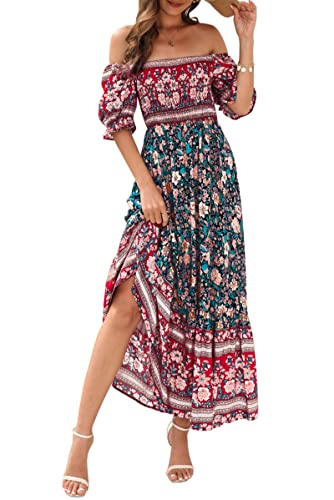 MAGIMODAC Damen Sommer Boho Kleid Off Shoulder Kleider Strandkleid Freizeitkleid Partykleid Kurzarm Maxikleid geblümtes Sommerkleid Grün L von MAGIMODAC