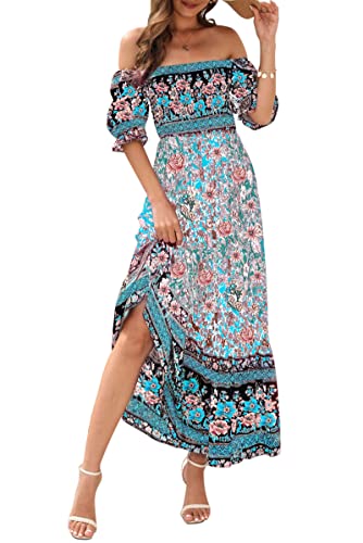 MAGIMODAC Damen Sommer Boho Kleid Off Shoulder Kleider Strandkleid Freizeitkleid Partykleid Kurzarm Maxikleid geblümtes Sommerkleid Hellblau 2XL von MAGIMODAC