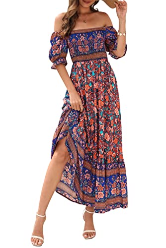 MAGIMODAC Damen Sommer Boho Kleid Off Shoulder Kleider Strandkleid Freizeitkleid Partykleid Kurzarm Maxikleid geblümtes Sommerkleid Rot L von MAGIMODAC