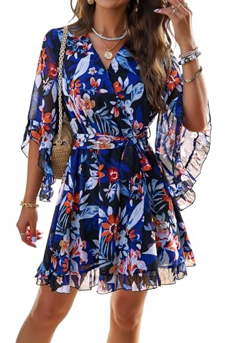 MAGIMODAC Damen Sommerkleid A Linie Chiffon Kleider Strandkleid Kurz Geblümtes Wickeloptik Kleid Festlich V-Ausschnitt Minikleid Dunkelblau S von MAGIMODAC