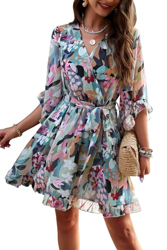 MAGIMODAC Damen Sommerkleid A Linie Chiffon Kleider Strandkleid Kurz Geblümtes Wickeloptik Kleid Festlich V-Ausschnitt Minikleid Grün XL von MAGIMODAC