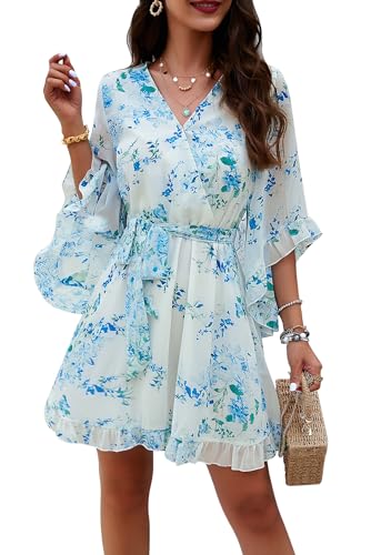 MAGIMODAC Damen Sommerkleid A Linie Chiffon Kleider Strandkleid Kurz Geblümtes Wickeloptik Kleid Festlich V-Ausschnitt Minikleid Hellblau L von MAGIMODAC