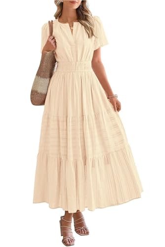 MAGIMODAC Damen Sommerkleid A Linie Lang Kurzarm V Ausschnitt Midikleid Urlaub Freizeitkleid Baumwolle Casual Kleider mit Taschen Beige S von MAGIMODAC