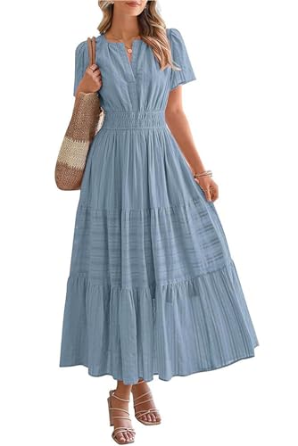 MAGIMODAC Damen Sommerkleid A Linie Lang Kurzarm V Ausschnitt Midikleid Urlaub Freizeitkleid Baumwolle Casual Kleider mit Taschen Grau Blau M von MAGIMODAC