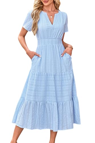 MAGIMODAC Damen Sommerkleid A Linie Lang Kurzarm V Ausschnitt Midikleid Urlaub Freizeitkleid Baumwolle Casual Kleider mit Taschen Hellblau M von MAGIMODAC