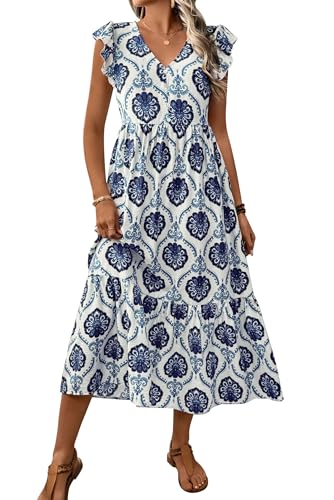 MAGIMODAC Damen Sommerkleid Boho V-Ausschnitt Maxikleid Lang Hohe Taille A-Linie Mit Kurzen Ärmeln Freizeitkleid Tunika Urlaub Casual Geblümtes Kleider Blau M von MAGIMODAC