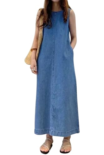 MAGIMODAC Damen Sommerkleid Lang Casual Denim Jeans-Optik Shirtkleid Freizeitkleid Locker Ärmelloses Tunika Kleider mit Taschen Hellblau 5XL von MAGIMODAC