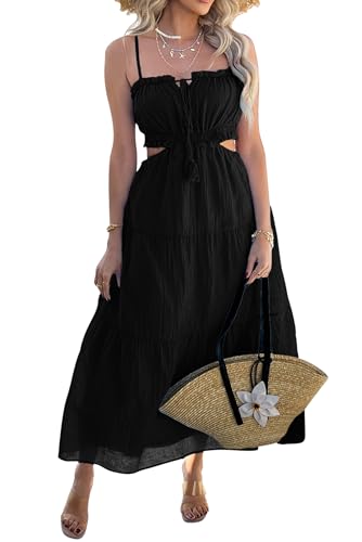 MAGIMODAC Damen Sommerkleid Strandkleid Spaghetti Trägerkleid A Linie Lang Urlaubskleider Freizeitkleid Boho Kleider Schwarz M von MAGIMODAC