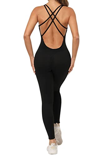 MAGIMODAC Damen Sport Leggings Booty Scrunch Butt Jumpsuit Einteiler Workout Overall Rückenfrei Sportanzug Ärmellos Fitness Sportliche Hose Schwarz L von MAGIMODAC