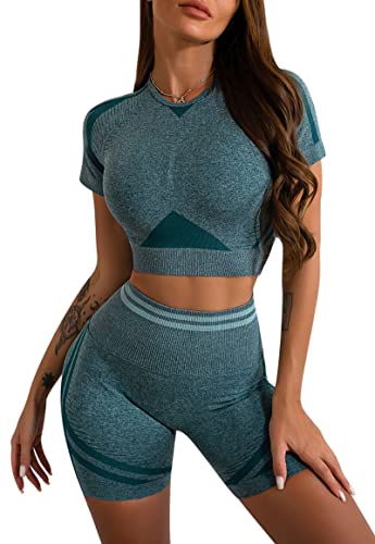 MAGIMODAC Damen Sportanzug Kurzarm Yoga Gym Anzug Jogginganzug Kurze Scrunch Booty Leggings Crop Top Sweatshirt mit Shorts 2 Teiliges Set Dunkelgrün S von MAGIMODAC