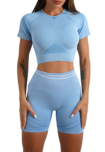 MAGIMODAC Damen Sportanzug Kurzarm Yoga Gym Anzug Jogginganzug Kurze Scrunch Booty Leggings Crop Top Sweatshirt mit Shorts 2 Teiliges Set Hellblau M von MAGIMODAC