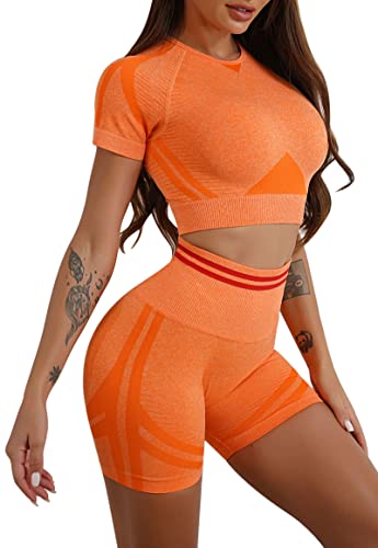 MAGIMODAC Damen Sportanzug Kurzarm Yoga Gym Anzug Jogginganzug Kurze Scrunch Booty Leggings Crop Top Sweatshirt mit Shorts 2 Teiliges Set Orange M von MAGIMODAC