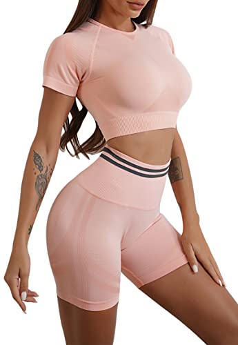 MAGIMODAC Damen Sportanzug Kurzarm Yoga Gym Anzug Jogginganzug Kurze Scrunch Booty Leggings Crop Top Sweatshirt mit Shorts 2 Teiliges Set Rosa M von MAGIMODAC