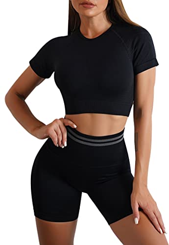 MAGIMODAC Damen Sportanzug Kurzarm Yoga Gym Anzug Jogginganzug Kurze Scrunch Booty Leggings Crop Top Sweatshirt mit Shorts 2 Teiliges Set Schwarz M von MAGIMODAC