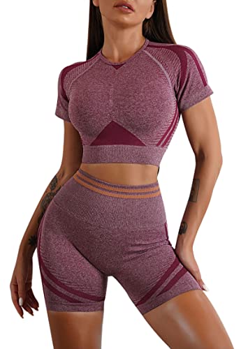 MAGIMODAC Damen Sportanzug Kurzarm Yoga Gym Anzug Jogginganzug Kurze Scrunch Booty Leggings Crop Top Sweatshirt mit Shorts 2 Teiliges Set Weinrot M von MAGIMODAC