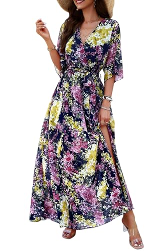 MAGIMODAC Damen Chiffon Strandkleid Urlaub Kleider V Ausschnitt A Linie Freizeitkleid Maxikleid Sommerkleid geblümtes Boho Kleid Lang Dunkelblau L von MAGIMODAC