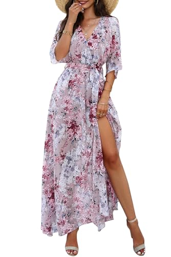 MAGIMODAC Damen Chiffon Strandkleid Urlaub Kleider V Ausschnitt A Linie Freizeitkleid Maxikleid Sommerkleid geblümtes Boho Kleid Lang Lila M von MAGIMODAC