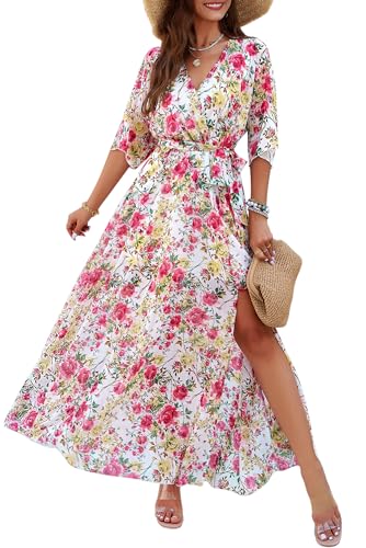 MAGIMODAC Damen Strandkleid Urlaub Kleider V Ausschnitt A Linie Freizeitkleid Maxikleid Sommerkleid geblümtes Boho Kleid Lang Rosa L von MAGIMODAC