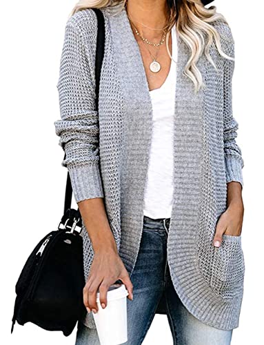 MAGIMODAC Damen Strickjacke Basic Cardigan Grobstrick Langarm Elegant Strickmantel Causal Strick Pullover mit Taschen Hellgrau L von MAGIMODAC