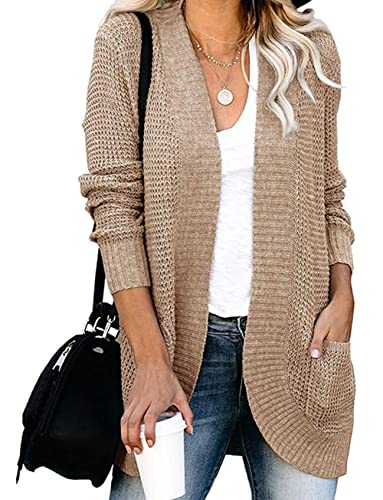 MAGIMODAC Damen Strickjacke Basic Cardigan Grobstrick Langarm Elegant Strickmantel Causal Strick Pullover mit Taschen Khaki S von MAGIMODAC