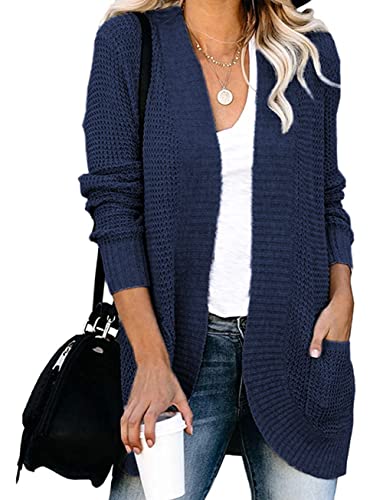 MAGIMODAC Damen Strickjacke Basic Cardigan Grobstrick Langarm Elegant Strickmantel Causal Strick Pullover mit Taschen Navy blau L von MAGIMODAC