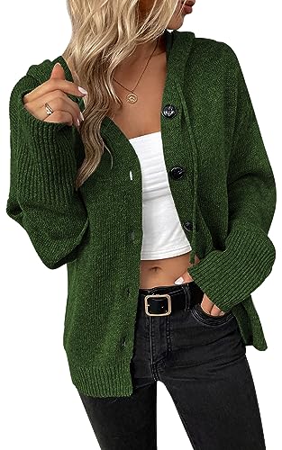 MAGIMODAC Damen Strickjacke Kurz Strickcardigan Langarm Herbst Winter Hoodie Kapuzenpullover Kapuzenpulli Strick Pulli mit Kapuze Knöpfen Armee Grün S von MAGIMODAC