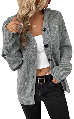 MAGIMODAC Damen Strickjacke Kurz Strickcardigan Langarm Herbst Winter Hoodie Kapuzenpullover Kapuzenpulli Strick Pulli mit Kapuze Knöpfen Grau M von MAGIMODAC